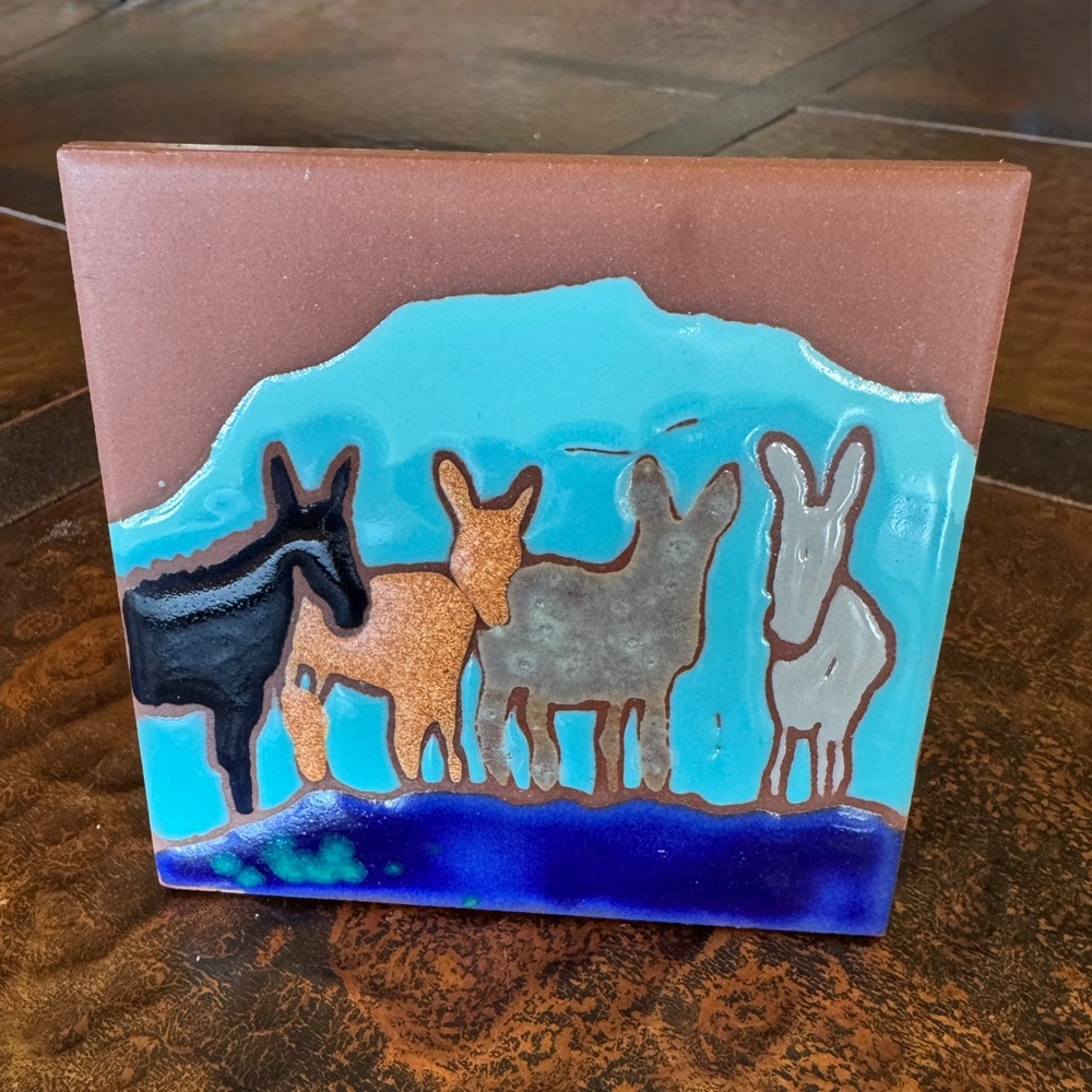 The Betty Company Colorful Donkey Hand Painted Tile Recipe Photo Holder 4” X 4”